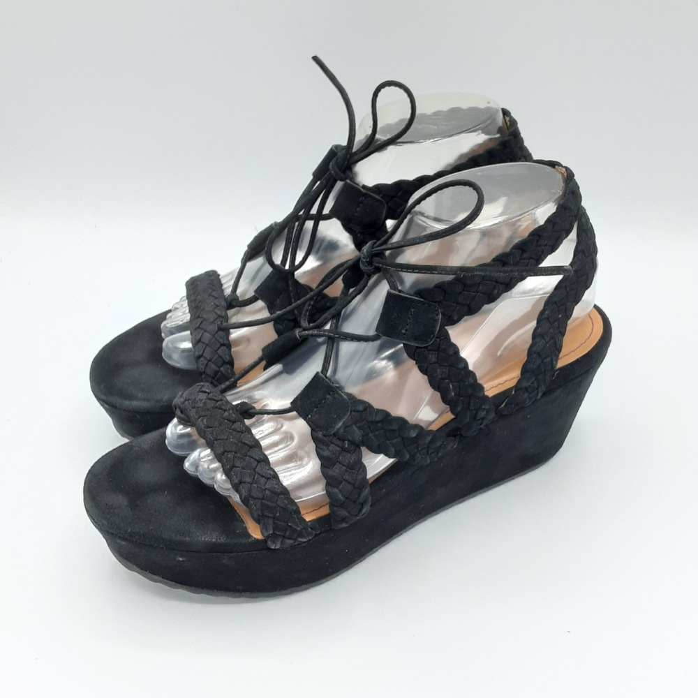TRASK Black Suede Braided Lace Up Platform Y2K Boho Strappy Sandal.